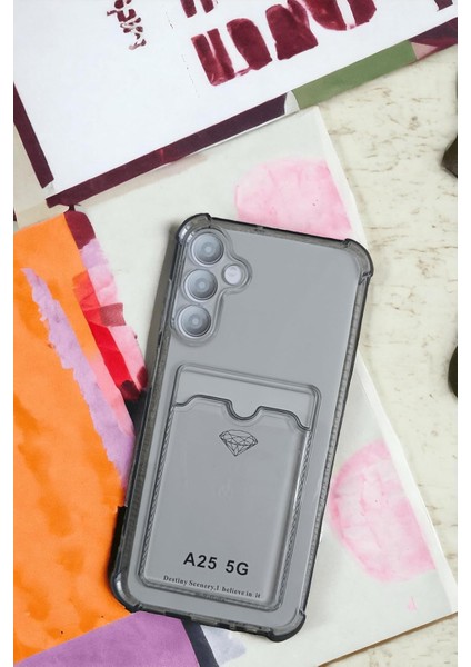 Samsung Galaxy A25 Kılıf Kartlıklı Köşe Koruma Tasarımlı Renkli Şeffaf K-Kart Kılıf (Siyah)