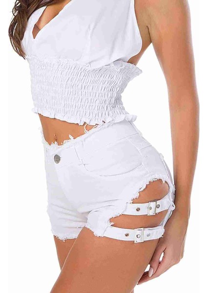 Yan Dekolte Detaylı Denim Kot Şort Beyaz - CB2454-BEYAZ