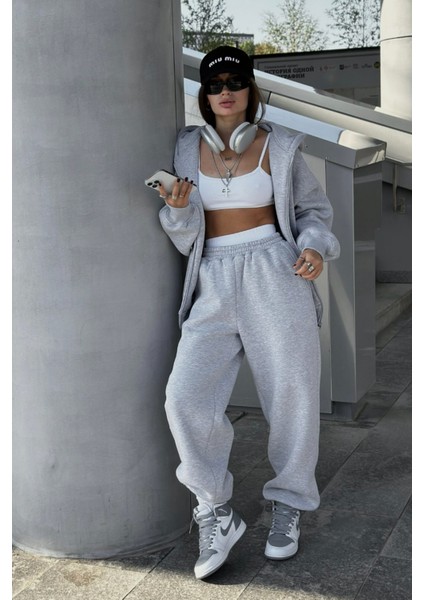 Büyük Beden Rahat Çift Cepli Şardonlu Pamuklu Eşofman Altı Bol Siyah Gri