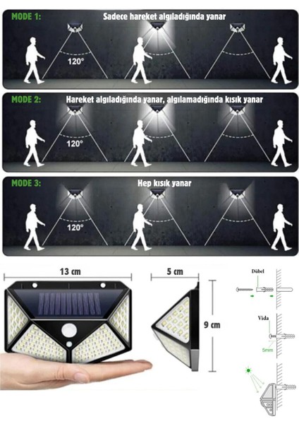 4'lü Paket 100 LED Güneş Enerjili Hareket Sensörlü 4 Taraflı Aplik Bahçe Bahçe Aydınlatma Lambası