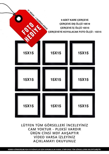 9 Adet 15 x 15 Mdf Çerçeve Yapıştırabilir-Asabilir-Masaüstünde Kullanabilirsiniz - Siyah Kare Çerçeve