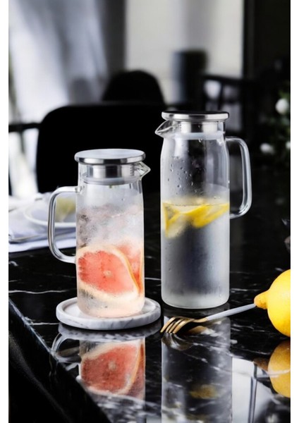 1500 ml Cam Su Limonata Sürahi Metal Kapaklı Şık Meşrubat Sürahi