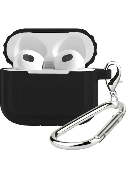 Labs Airpods 3 Uyumlu Rubber Silicone Case Kancalı Yumuşak Silikon Kılıf Airpods 3 Uyumlu Kulaklık Kılıfı (Siyah)