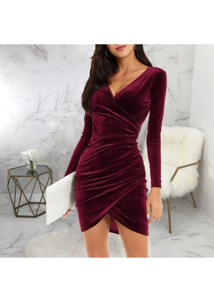 Kadın Uzun Kollu Kruvaze Yaka Büzgü Detay Fırsat Ürün Mini Kadife Elbise indirimleri