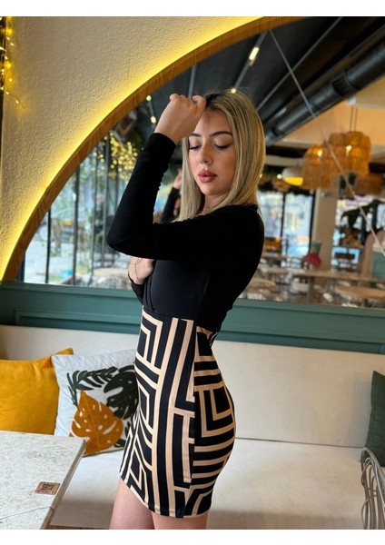 Kadın Uzun Kollu Kruvaze Yaka Labirent Desen Dalgıç Elbise fırsatları