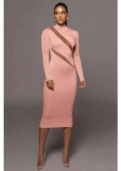 Kadın Balıkçı Yaka Uzun Kollu Asimetrik Tül Dekolteli Dırsat Ürün Midi Boy Elbise