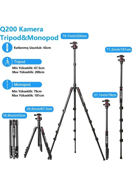 Q200 Profesyonel Tripod/monopod- Alüminyum Gövde Yapısı 200 cm Uzunluk (Ball Head)