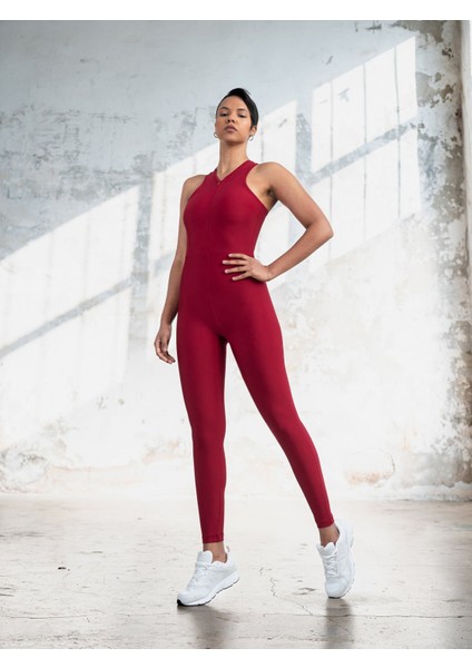 Bordo Fermuarlı Halter Yaka Spor Tayt Tulum modelleri