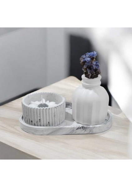 Ayd Premium Biblo Gri Desenli 3 Lü Iskandinav Vazo Sunum Tepsi Papatya Mum Saf Taş Tozu & Soya Mum