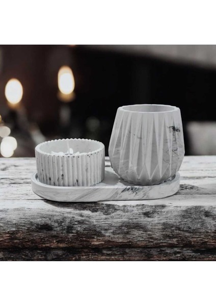 Ayd Premium Biblo Gri Desenli 3 Lü Iskandinav Vazo Sunum Tepsi Papatya Mum Saf Taş Tozu & Soya Mum