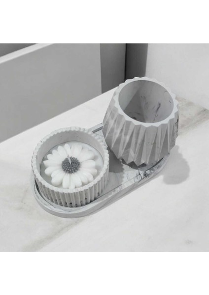 Ayd Premium Biblo Gri Desenli 3 Lü Iskandinav Vazo Sunum Tepsi Papatya Mum Saf Taş Tozu & Soya Mum modelleri