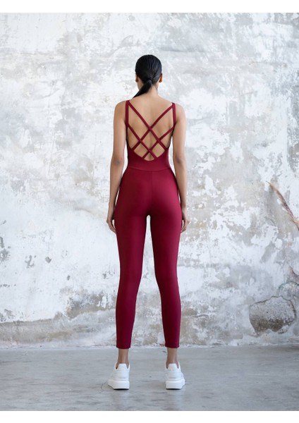 Bordo Sırtı Çift Çapraz Ip Detaylı Spor Tayt Tulum