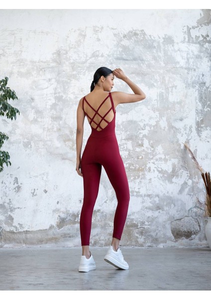 Bordo Sırtı Çift Çapraz Ip Detaylı Spor Tayt Tulum