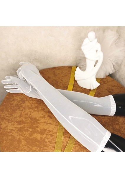 Beyaz Gelin Eldiveni Uzun Eldiven Şeffaf Eldiven Tül Eldiven