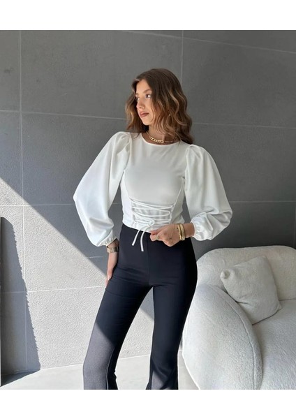 Balon Kol Bağcık Detaylı Crop Bluz fiyatları