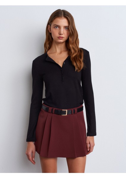 31544 Düğmeli Uzun Kollu Top-Siyah