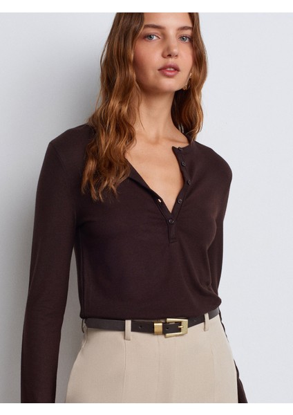 31544 Düğmeli Uzun Kollu Top-Koyu Kahve modelleri