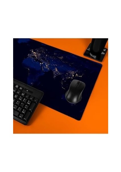 Gece Dünya Haritası Baskılı 70X30 Büyük Boy Mousepad - Mouse Pad - Fare Altlığı