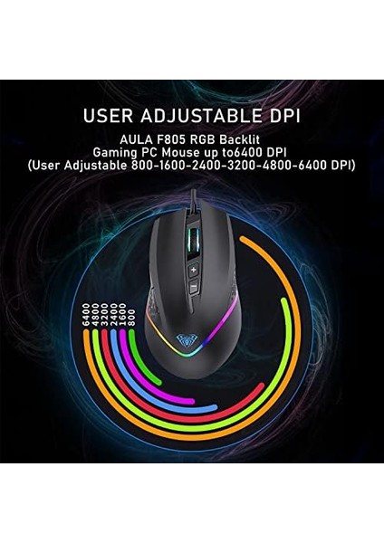 F805 6400DPI Rgb 7 Tuşlu Makro Optik Oyuncu Mouse, Siyah