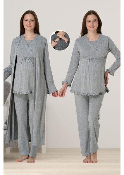 Gri Sabahlıklı Hamile Lohusa Pijama Takımı