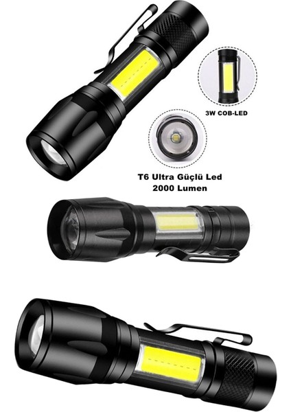 Ultra Çift Yönlü Güçlü Pilli LED El Feneri 2000 Lümen + 6W Cob LED Su Geçirmez Zoomlu 3 Modlu