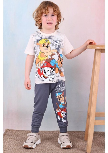 Petrol Desenli Füme Eşofmanlı Erkek Çocuk Kısa Kol Takım 3-10 Yaş 7462-F