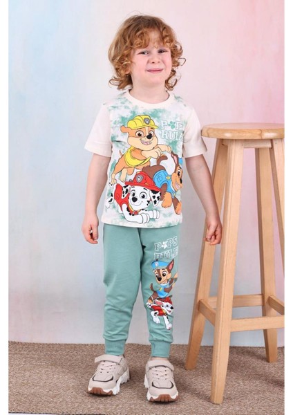 Petrol Desenli Yeşil Eşofmanlı Erkek Çocuk Kısa Kol Takım 3-10 Yaş 7462-Y