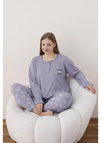 Kadın Pamuklu Düğme Yaka Raporlu Interlok Battal Pijama Takımı 05114 - 1 Adet