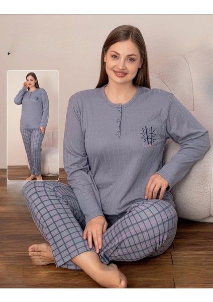 Kadın Pamuklu Düğme Yaka Raporlu Interlok Battal Pijama Takımı 05131 - 1 Adet