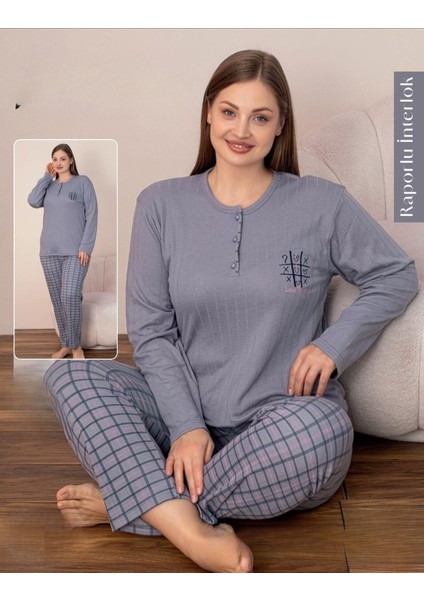 Kadın Pamuklu Düğme Yaka Raporlu Interlok Battal Pijama Takımı 05131 - 1 Adet modelleri