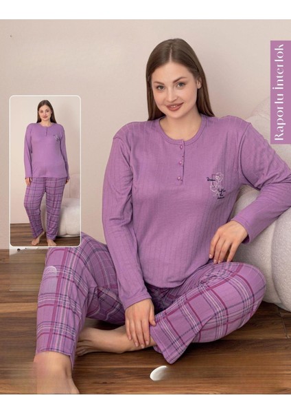 Kadın Pamuklu Düğme Yaka Raporlu Interlok Battal Pijama Takımı 05130 - 1 Adet