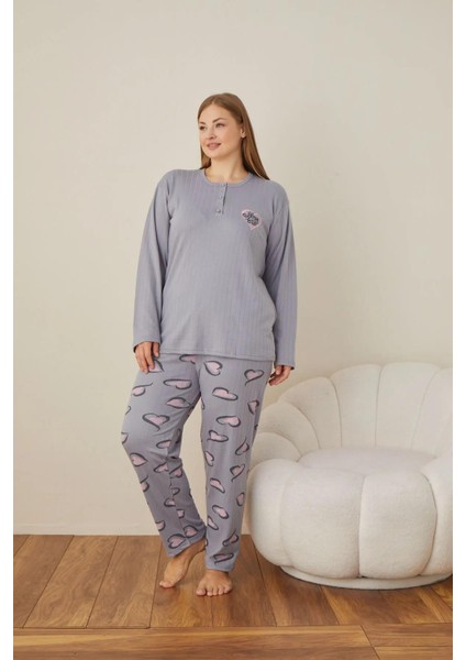 Kadın Pamuklu Düğme Yaka Raporlu Interlok Battal Pijama Takımı 05102 - 1 Adet