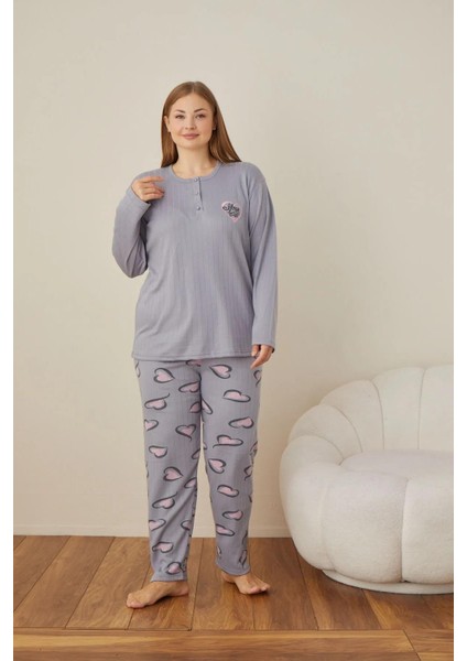 Kadın Pamuklu Düğme Yaka Raporlu Interlok Battal Pijama Takımı 05102 - 1 Adet modelleri