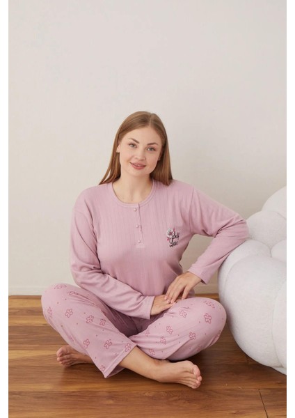 Kadın Pamuklu Düğme Yaka Raporlu Interlok Battal Pijama Takımı 05111 - 1 Adet