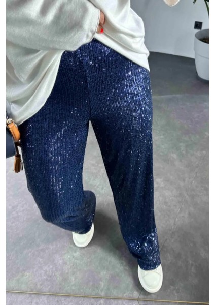 Kadın Beli Lastikli ve Pul Payetli Bol Pantolon