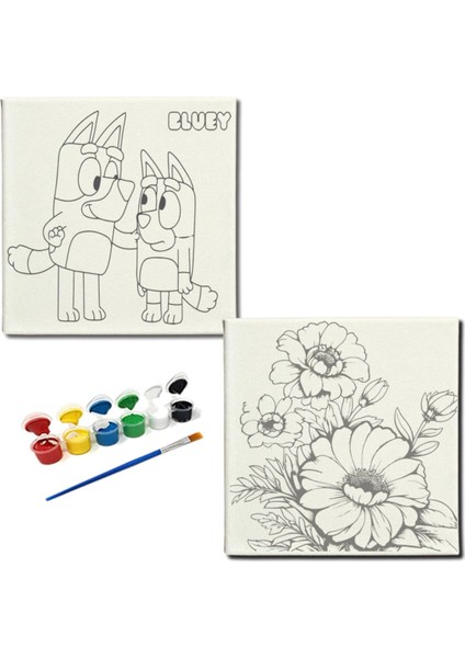 Okul Etkinliği-2'li Tuval Boyama Seti. 20X20 cm Uv Baskı 6 Akrilik Boya 1 FIRÇA-MODEL-364