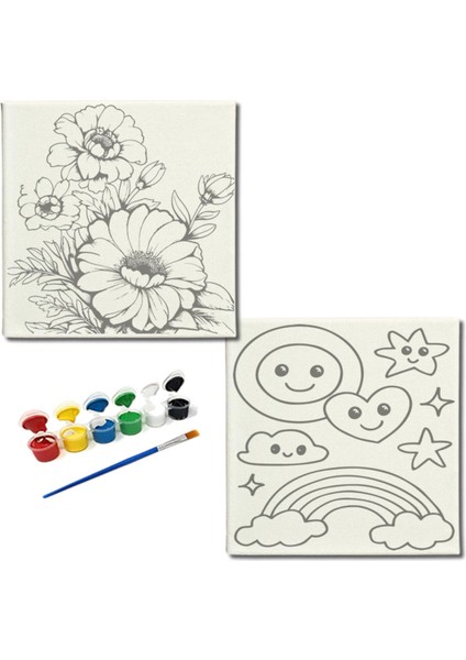 TATİL-KARNE HEDİYESİ 2'li Tuval Boyama Seti 20X20 cm Uv Baskı 6 Akrilik Boya 1 FIRÇA-MODEL-298
