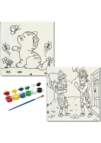 Okul Etkinliği-2'li Tuval Boyama Seti. 20X20 cm Uv Baskı 6 Akrilik Boya 1 FIRÇA-MODEL-358