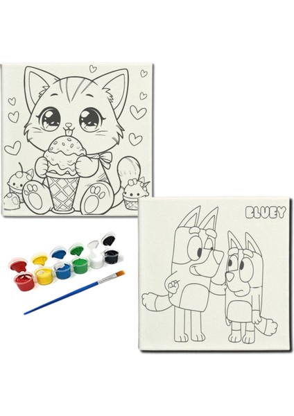TATİL-KARNE HEDİYESİ 2'li Tuval Boyama Seti 20X20 cm Uv Baskı 6 Akrilik Boya 1 FIRÇA-MODEL-221