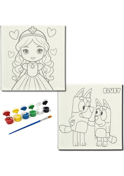 TATİL-KARNE HEDİYESİ 2'li Tuval Boyama Seti 20X20 cm Uv Baskı 6 Akrilik Boya 1 FIRÇA-MODEL-309