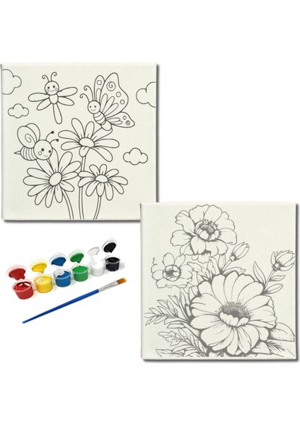 Okul Etkinliği-2'li Tuval Boyama Seti. 20X20 cm Uv Baskı 6 Akrilik Boya 1 FIRÇA-MODEL-273
