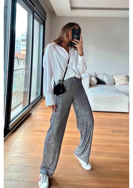 Kadın Beli Lastikli ve Pul Payetli Bol Pantolon fırsatları