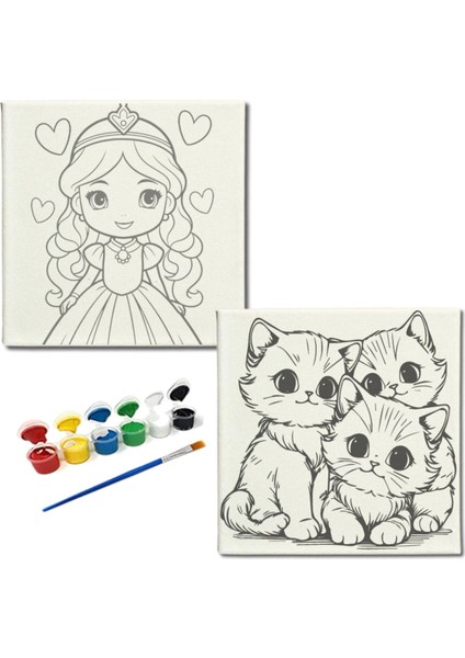 Okul Etkinliği-2'li Tuval Boyama Seti. 20X20 cm Uv Baskı 6 Akrilik Boya 1 FIRÇA-MODEL-337