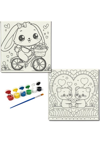 Okul Etkinliği-2'li Tuval Boyama Seti. 20X20 cm Uv Baskı 6 Akrilik Boya 1 FIRÇA-MODEL-223