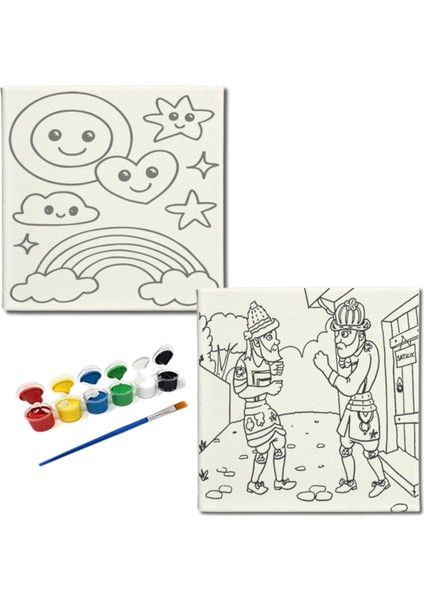Okul Etkinliği-2'li Tuval Boyama Seti. 20X20 cm Uv Baskı 6 Akrilik Boya 1 FIRÇA-MODEL-353