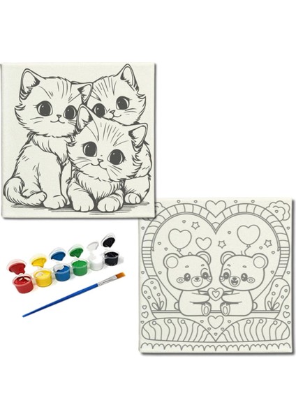 TATİL-KARNE HEDİYESİ 2'li Tuval Boyama Seti 20X20 cm Uv Baskı 6 Akrilik Boya 1 FIRÇA-MODEL-206