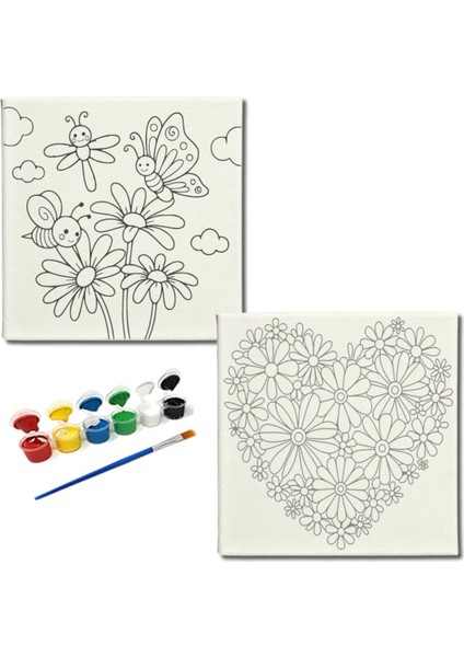 Okul Etkinliği-2'li Tuval Boyama Seti. 20X20 cm Uv Baskı 6 Akrilik Boya 1 FIRÇA-MODEL-253
