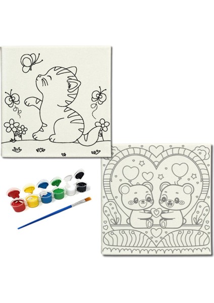 Okul Etkinliği-2'li Tuval Boyama Seti. 20X20 cm Uv Baskı 6 Akrilik Boya 1 FIRÇA-MODEL-205