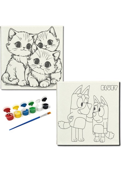 Okul Etkinliği-2'li Tuval Boyama Seti. 20X20 cm Uv Baskı 6 Akrilik Boya 1 FIRÇA-MODEL-222