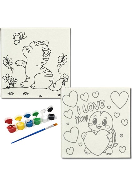 Okul Etkinliği-2'li Tuval Boyama Seti. 20X20 cm Uv Baskı 6 Akrilik Boya 1 FIRÇA-MODEL-388
